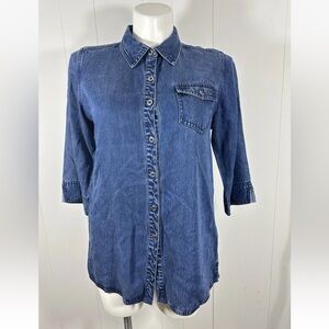 Talbots Denim Tencel Blue 3/4 Sleeve Button Front Tunic Top Shirt Sz 14 Petites